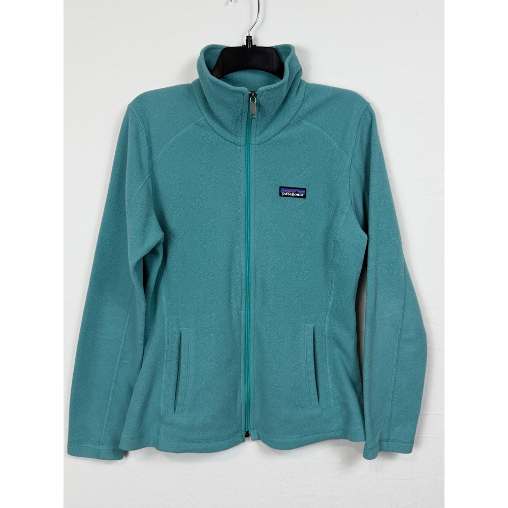 Patagonia Women Polyester Fleece Jacket S Teal Blue Full Zip Mock Neck Logo
